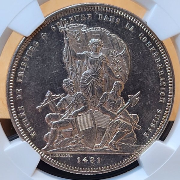 画像1: 1881年_スイス_5F_銀貨_フリブールフェスティバル_NGC_AU58 (1)